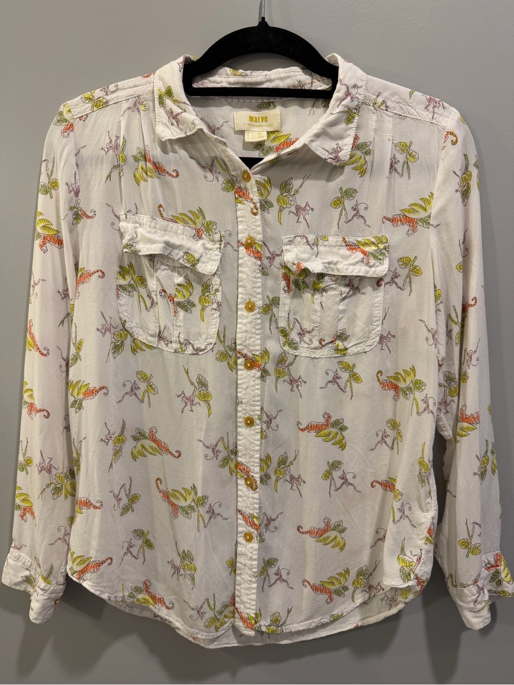 Maeve 100% Rayon Tropical Jungle Print Button-Up Shirt Cream / White Size US 6